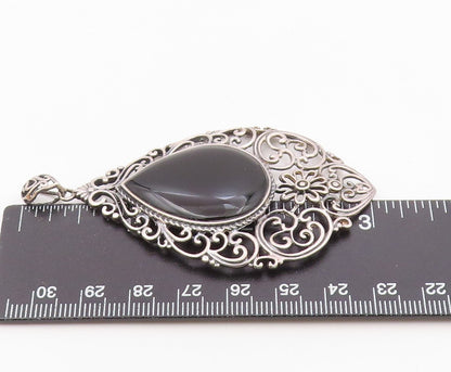925 Sterling Silver  Vintage Black Onyx Floral Baroque Swirl Pendant  PT15438
