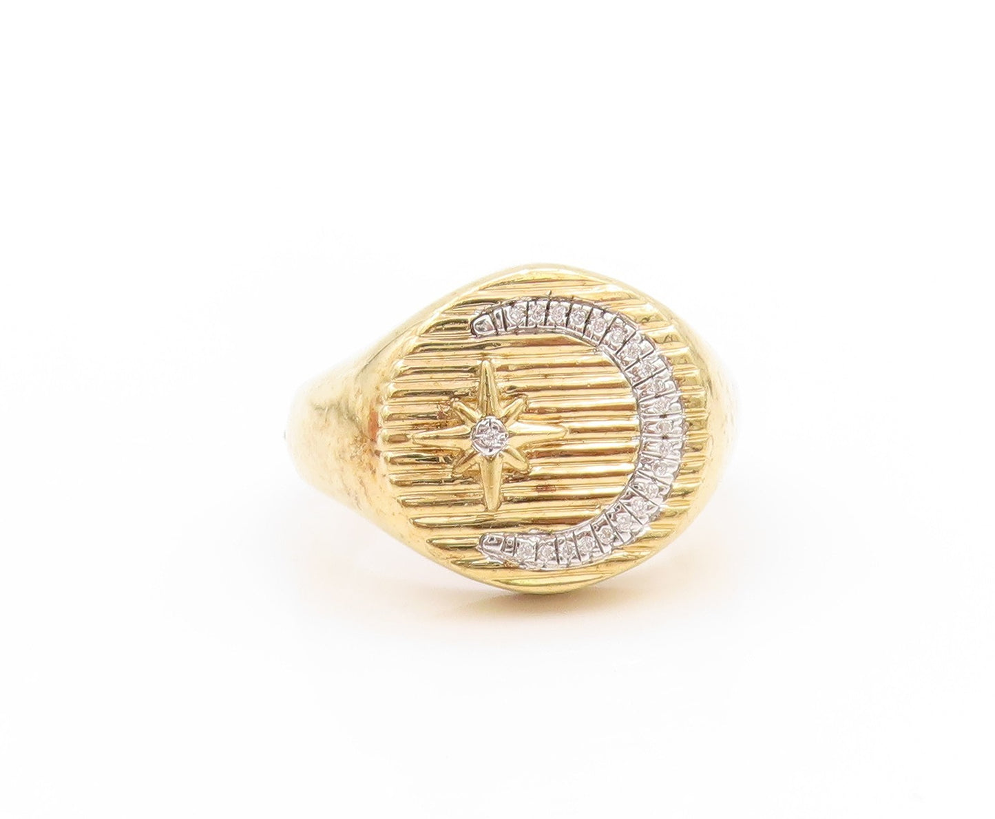 925 Sterling Silver Vintage Ring Gold Plated CZ Inlay Moon & Star  Sz 7  RG32771