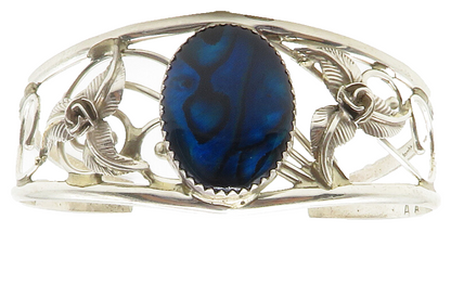 ART ACOYA ZUNI 925 Silver  Vintage Abalone Floral Vine Cuff Bracelet  BT5621