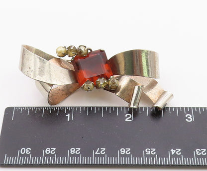 925 Sterling Silver  Vintage Citrine & Petite Pearls Ribbon Brooch Pin  BP6172
