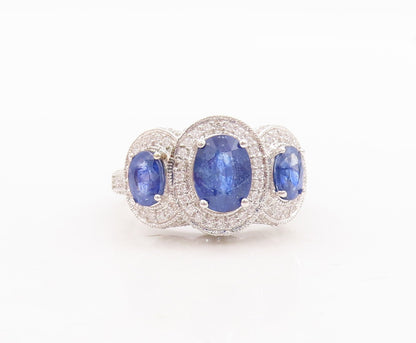 925 Sterling Silver Vintage Ring Oval Cut Sapphire Halo CZ Bands  Sz 8  RG29757