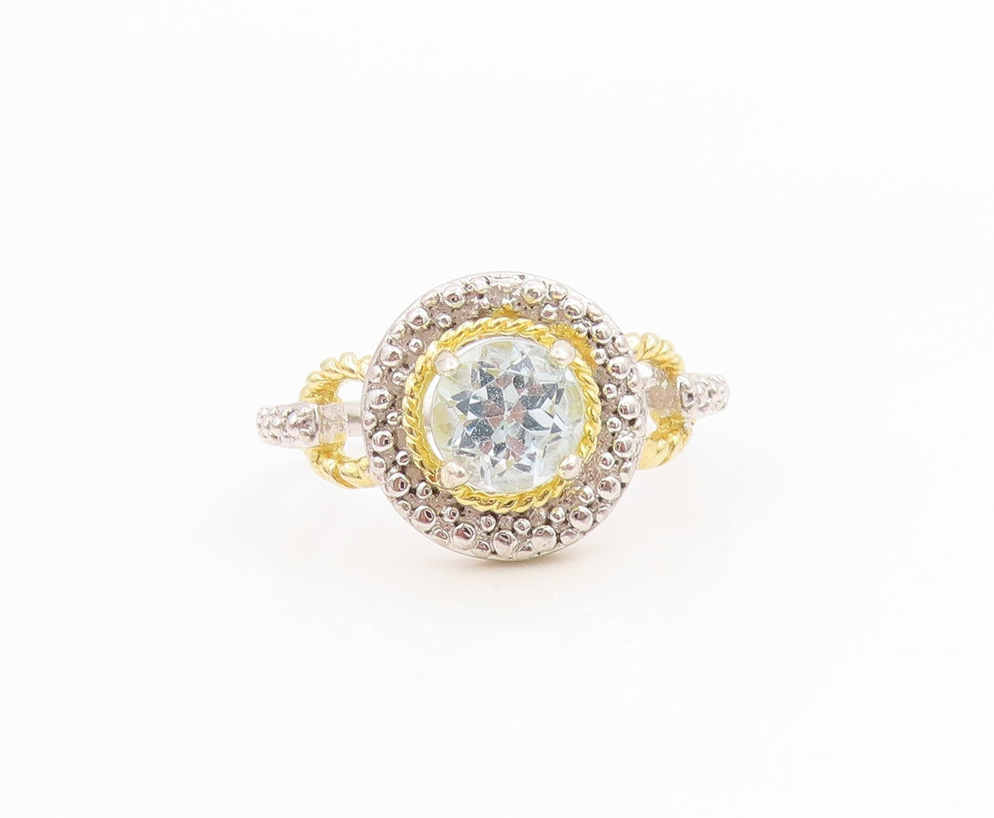925 Sterling Silver Vintage Ring Classic Two Tone Blue Topaz Band  Sz 7  RG35935