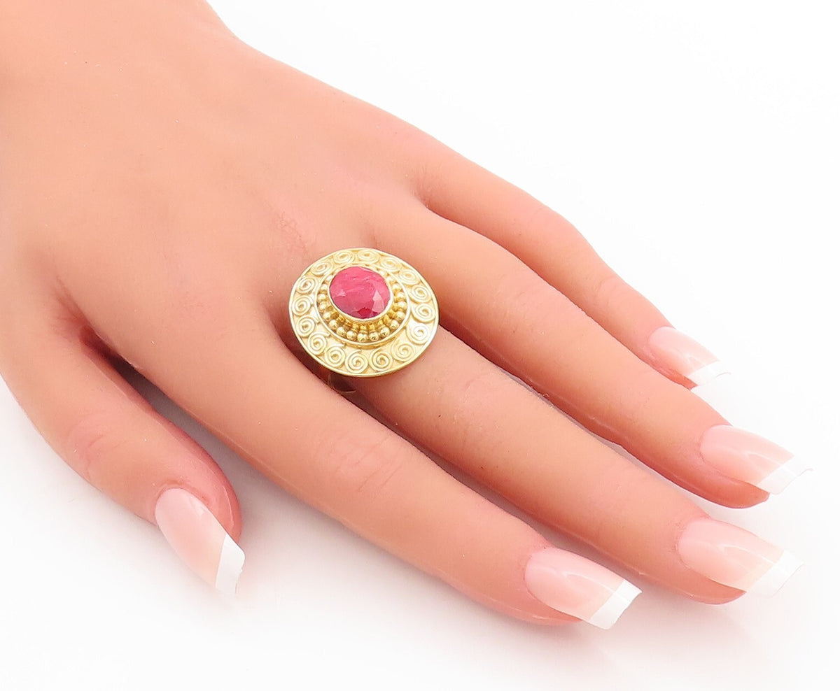 925 Sterling Silver Vintage Ring Gold Plated Spiral Carved Red Gem Sz 10 RG29202