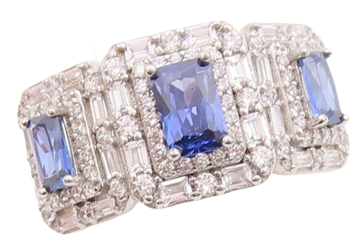 925 Sterling Silver Vintage Ring Rectangle Cut Blue & CZ Inlay  Sz 7  RG29497