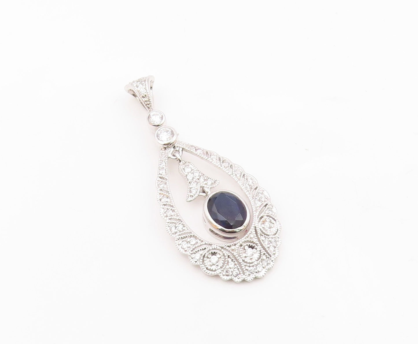 925 Silver  Vintage Stunning Sapphire & Cubic Zirconia Drop Pendant  PT21867