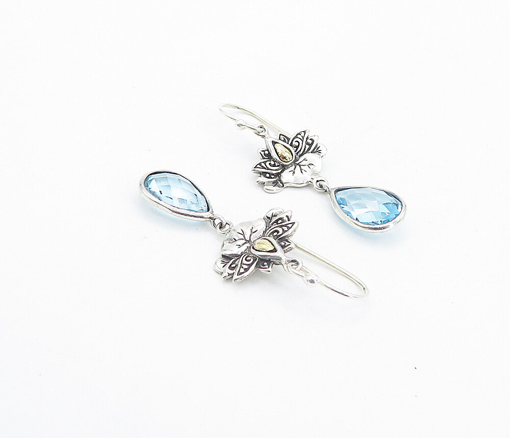 925 Silver & 18K GOLD  Vintage Blue Topaz Two Tone Dangle Earrings  EG3071