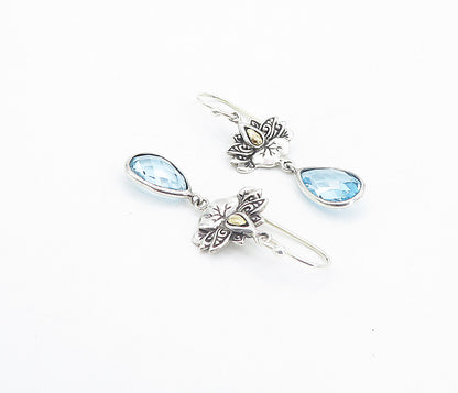 925 Silver & 18K GOLD  Vintage Blue Topaz Two Tone Dangle Earrings  EG3071