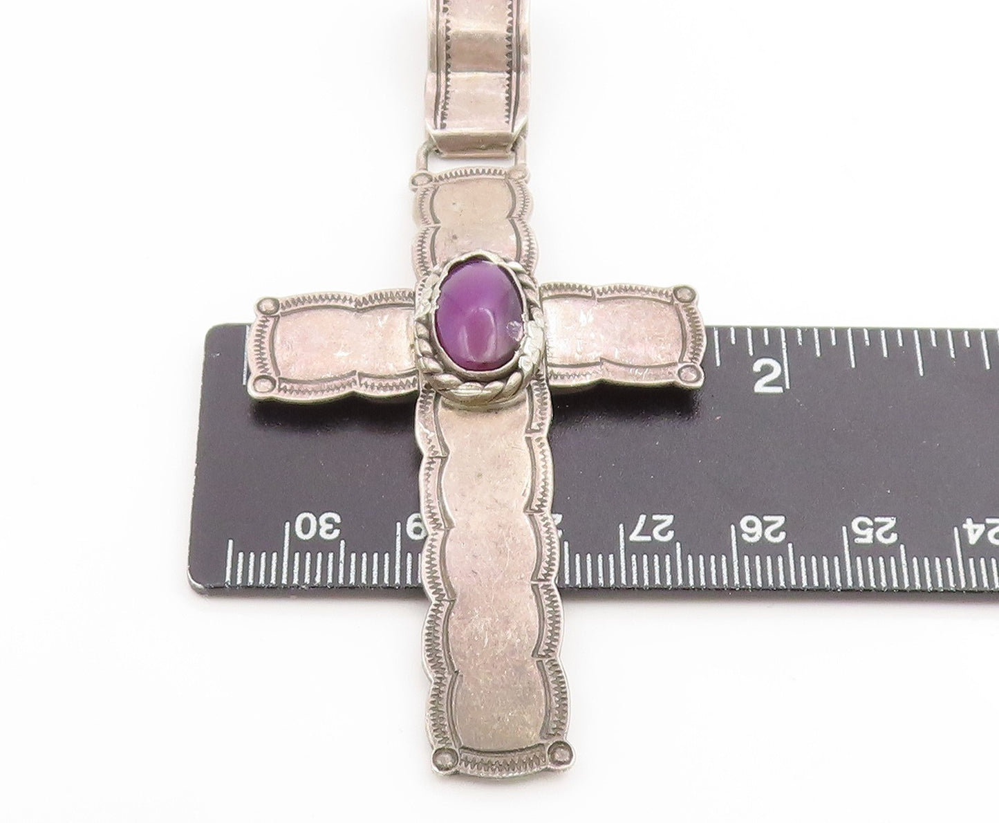 925 Sterling Silver Vintage Pendant NAVAJO Amethyst Religious Cross  PT26119