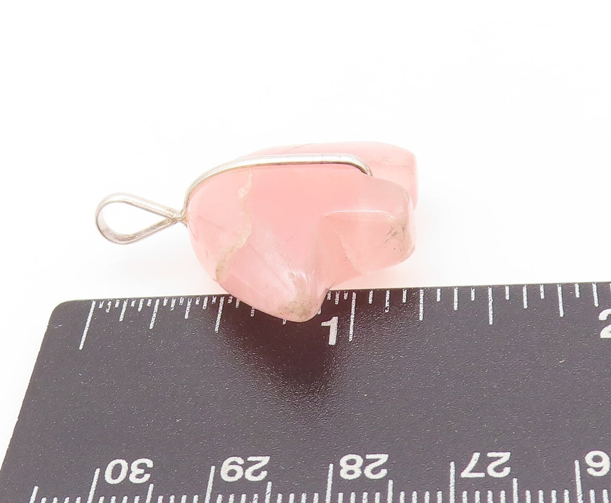 925 Sterling Silver Vintage Pendant Modernist Rose Quartz Bear  PT24204