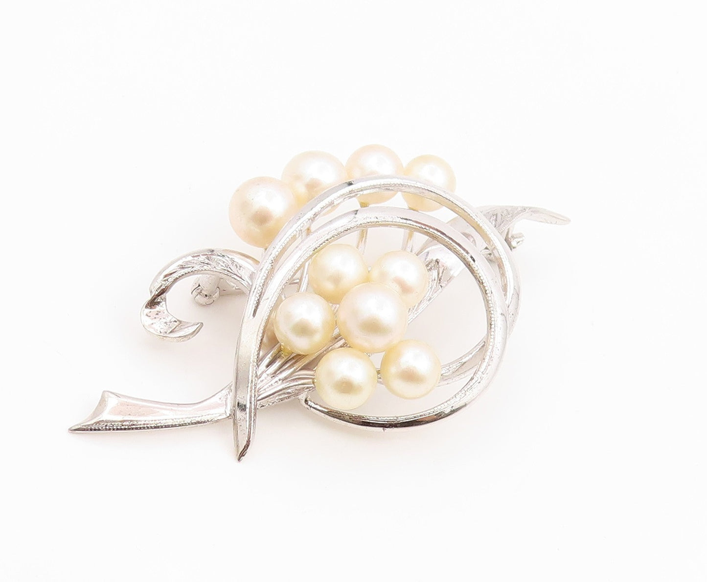 925 Sterling Silver Vintage Brooch Pin Elegant Pearl Swirly Floral Leaf  BP12361