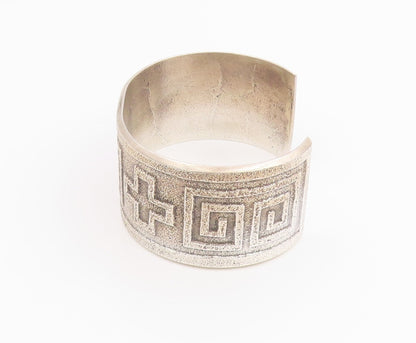 925 Sterling Silver Vintage Bracelet NAVAJO Geometric Pattern Wide Cuff  BT11945