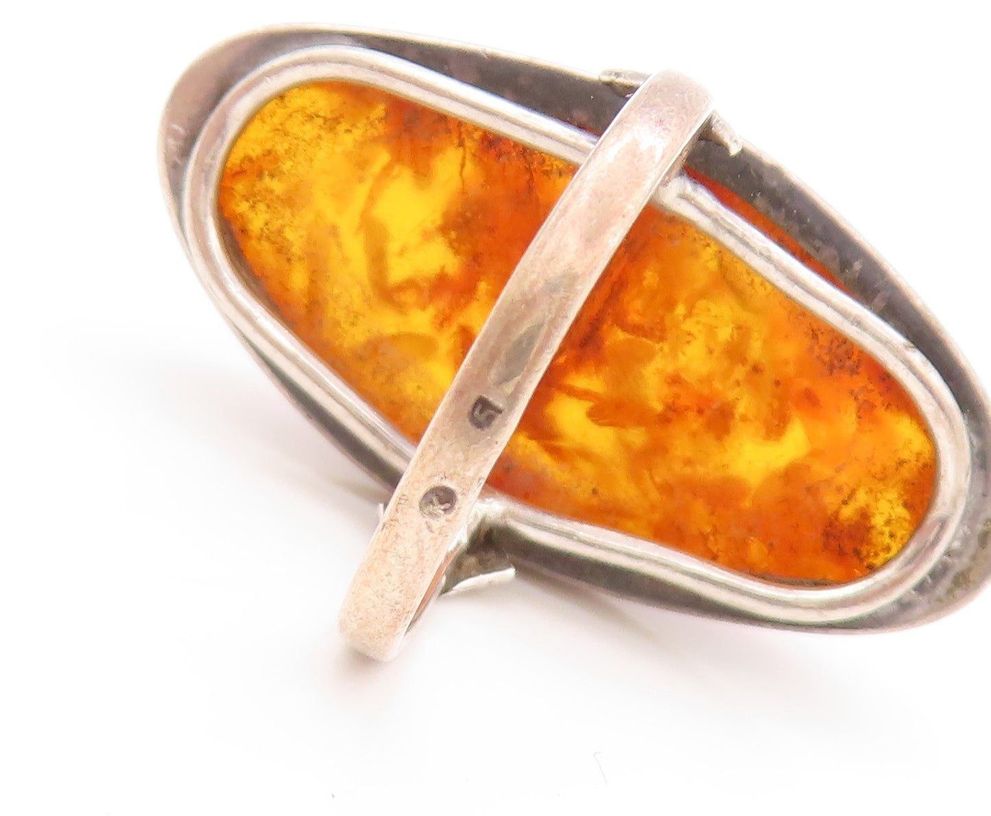 925 Sterling Silver Vintage Ring POLAND Large Oval Honey Amber  Sz 8.5  RG32822