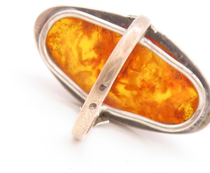 925 Sterling Silver Vintage Ring POLAND Large Oval Honey Amber  Sz 8.5  RG32822