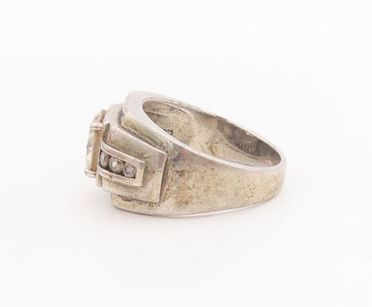925 Sterling Silver Vintage Ring Round Cut CZ Halo CZ Band Inlay  Sz 8.5 RG28663