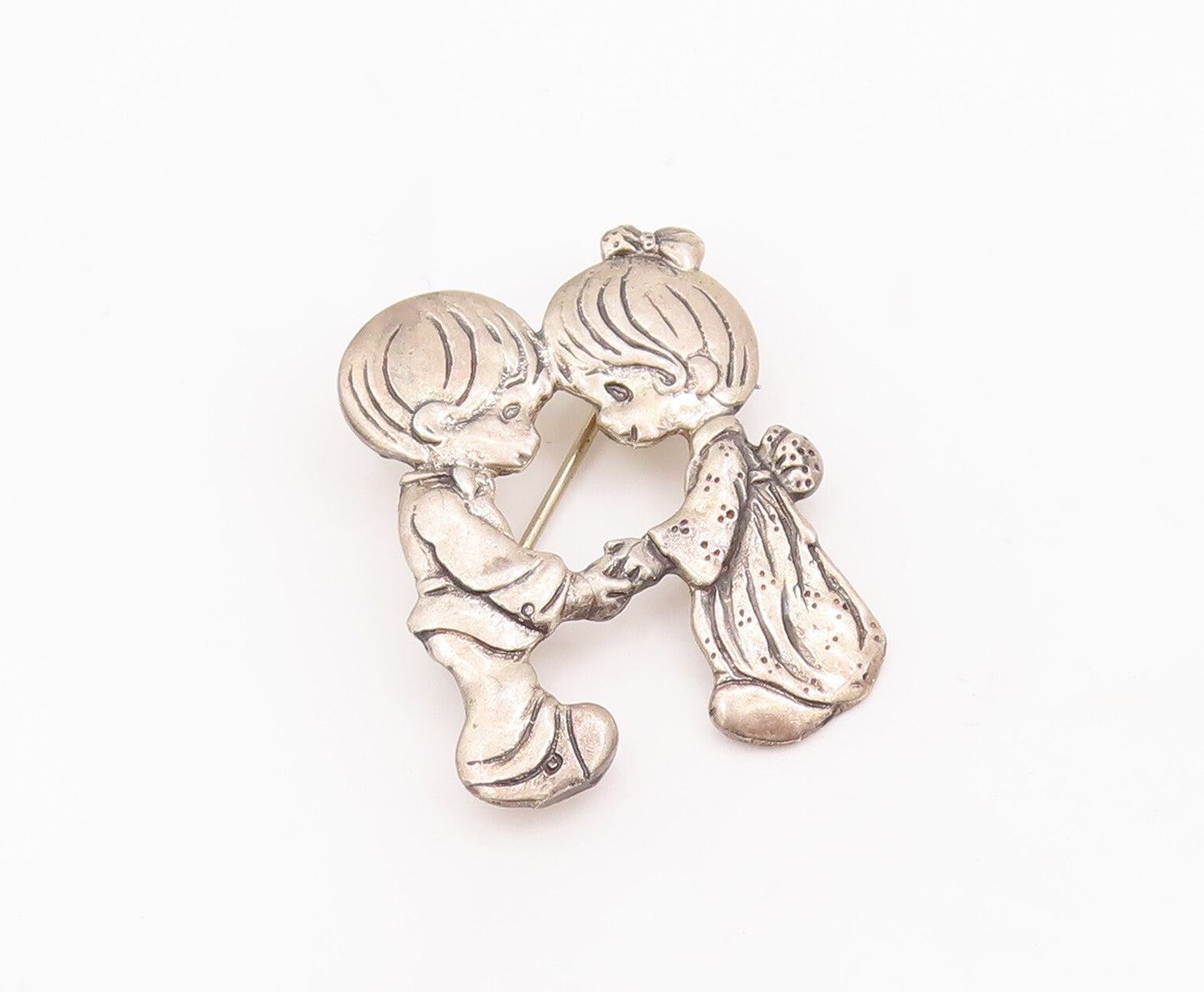 925 Sterling Silver Vintage Brooch Pin PMI Carved Kids Holding Hands  BP10960