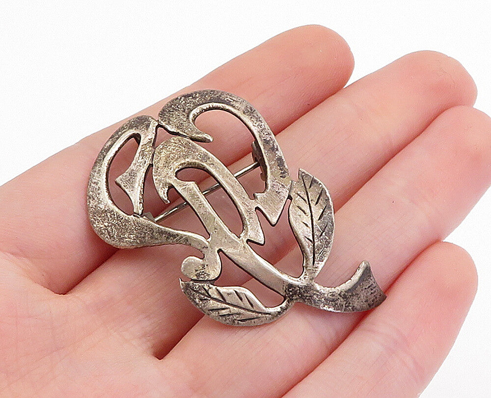 ISRAEL 925 Sterling Silver  Vintage Dark Tone Floral Leaf Brooch Pin  BP1842