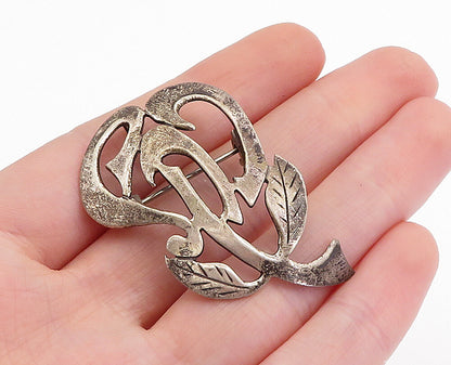 ISRAEL 925 Sterling Silver  Vintage Dark Tone Floral Leaf Brooch Pin  BP1842