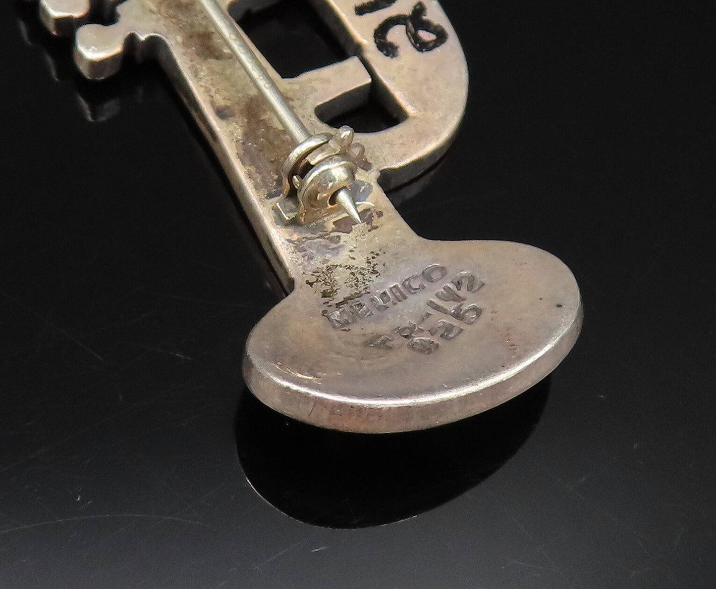 MEXICO 925 Silver  Vintage Engraved Trumpet Instrument Brooch Pin  BP9815