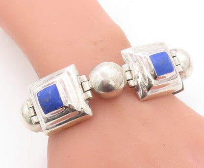 925 Sterling Silver  Vintage Lapis Lazuli Dome Hinge Chain Bracelet  BT1800