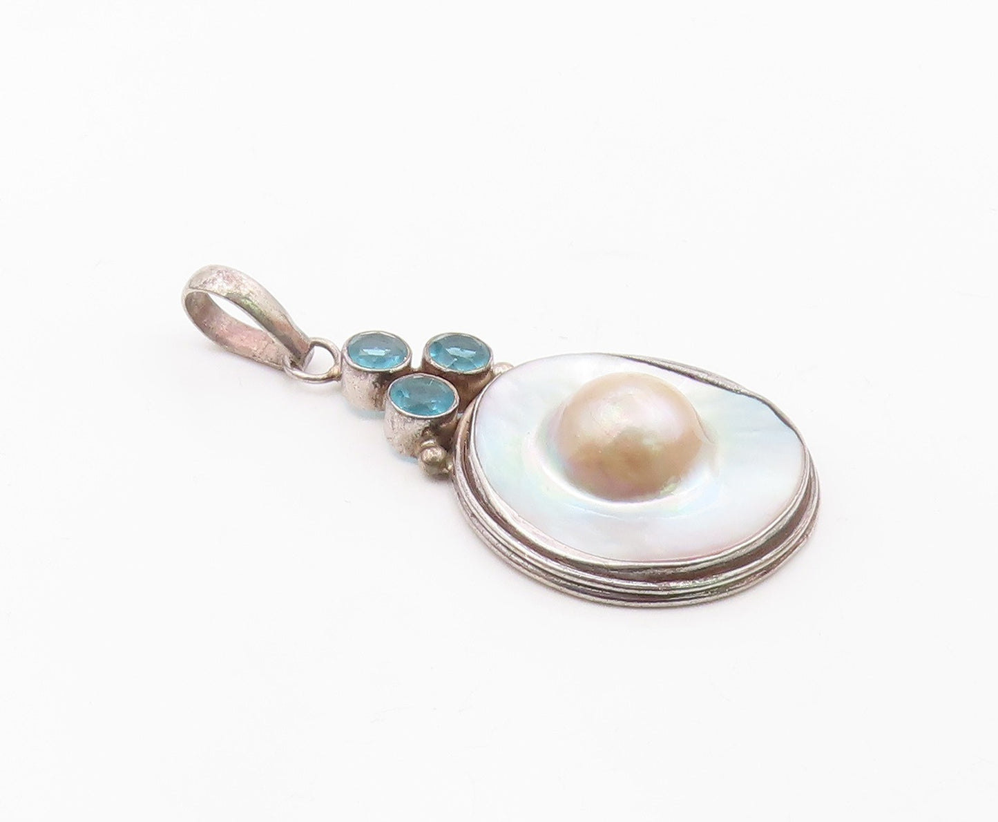925 Sterling Silver  Vintage Mother Of Pearl & Blue Topaz Pendant  PT17019