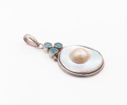 925 Sterling Silver  Vintage Mother Of Pearl & Blue Topaz Pendant  PT17019