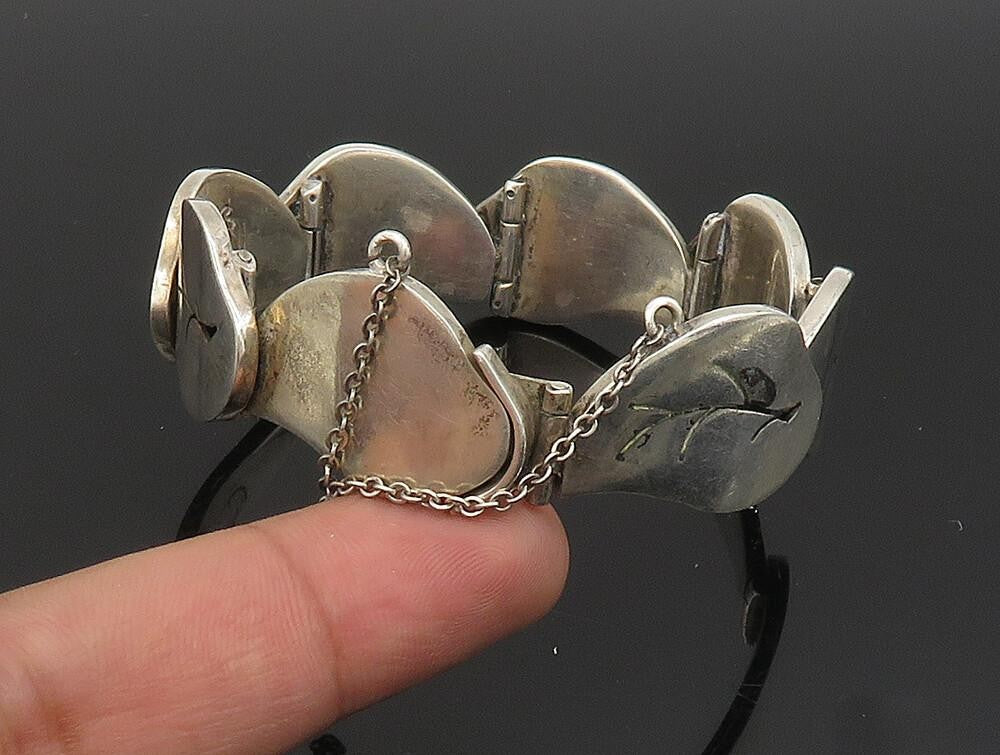 DESIGNER 925 Sterling Silver Vintage Carved Leaf Pattern Link Bracelet BT9445