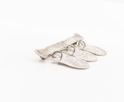 925 Sterling Silver Vintage Brooch Pin Solid Etched Dangling Cat Faces  BP10876