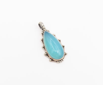 925 Sterling Silver Vintage Pendant Cabochon Chalcedony Teardrop Charm  PT26487