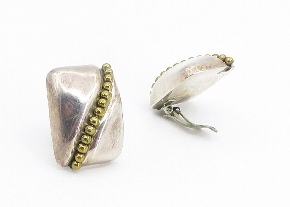 MEXICO 925 Silver  Vintage Two Tone Hollow Square Non Pierce Earrings  EG2932