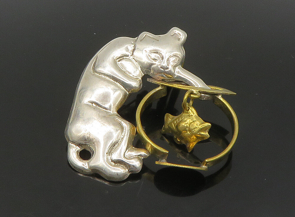 MEXICO 925 Silver  Vintage Shiny Two Tone Cat & Fish Bowl Brooch Pin  BP9178