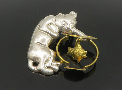 MEXICO 925 Silver  Vintage Shiny Two Tone Cat & Fish Bowl Brooch Pin  BP9178