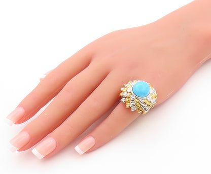 925 Sterling Silver Vintage Ring Gold Plated Larimar Flower  Sz 5  RG32819