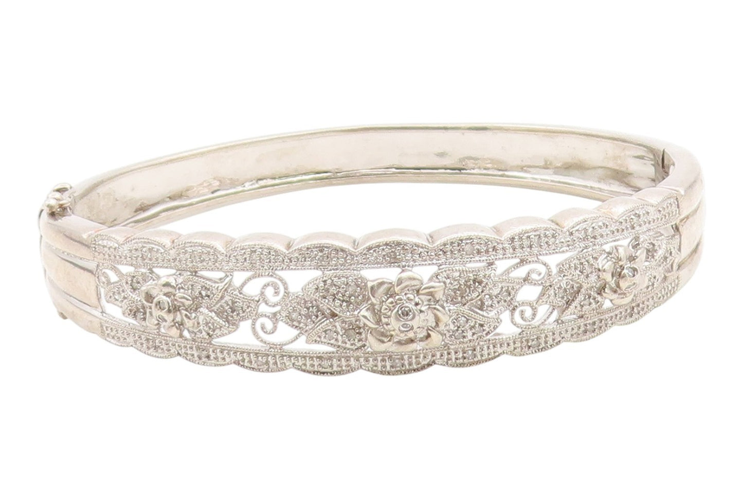925 Sterling Silver Vintage Bracelet Real Diamonds Floral Rose Bangle  BT11998