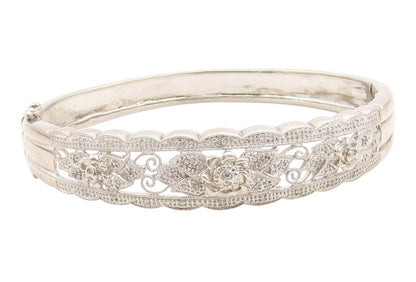 925 Sterling Silver Vintage Bracelet Real Diamonds Floral Rose Bangle  BT11998