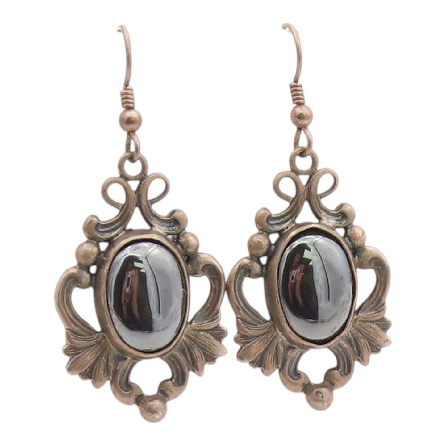 925 Sterling Silver Vintage Earrings Classic Hematite Scrollwork Dangle  EG14384