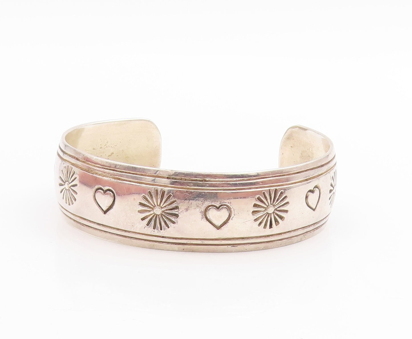 925 Sterling Silver Vintage Bracelet NAVAJO Etched Sun & Love Heart Cuff BT11448