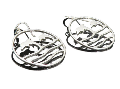 925 Sterling Silver  Shiny Leaping Dolphins Scene Dangle Earrings  EG3092