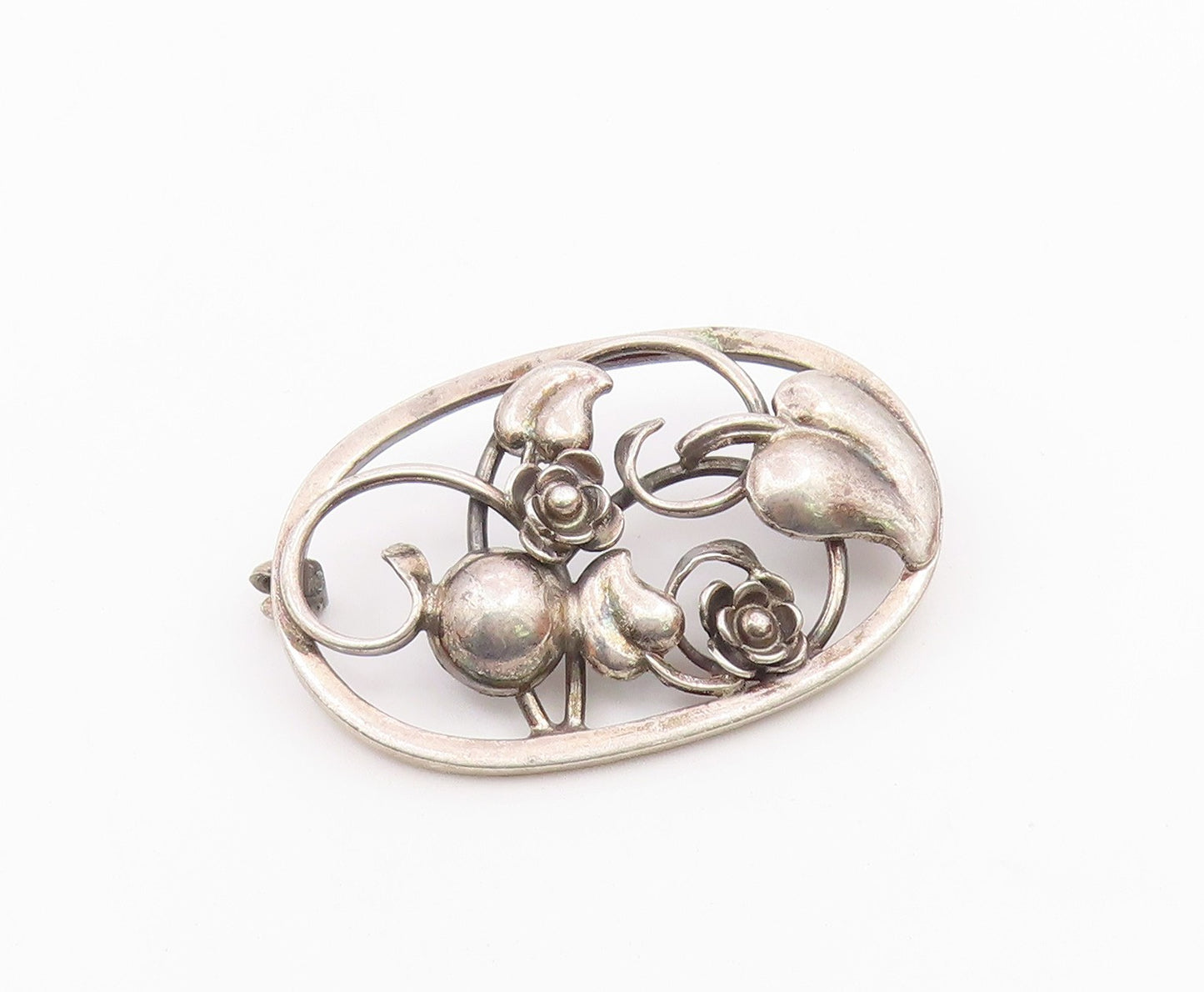 EUROPEAN 925 Sterling Silver Vintage Rose Flower Vine Cutout Brooch Pin BP9666