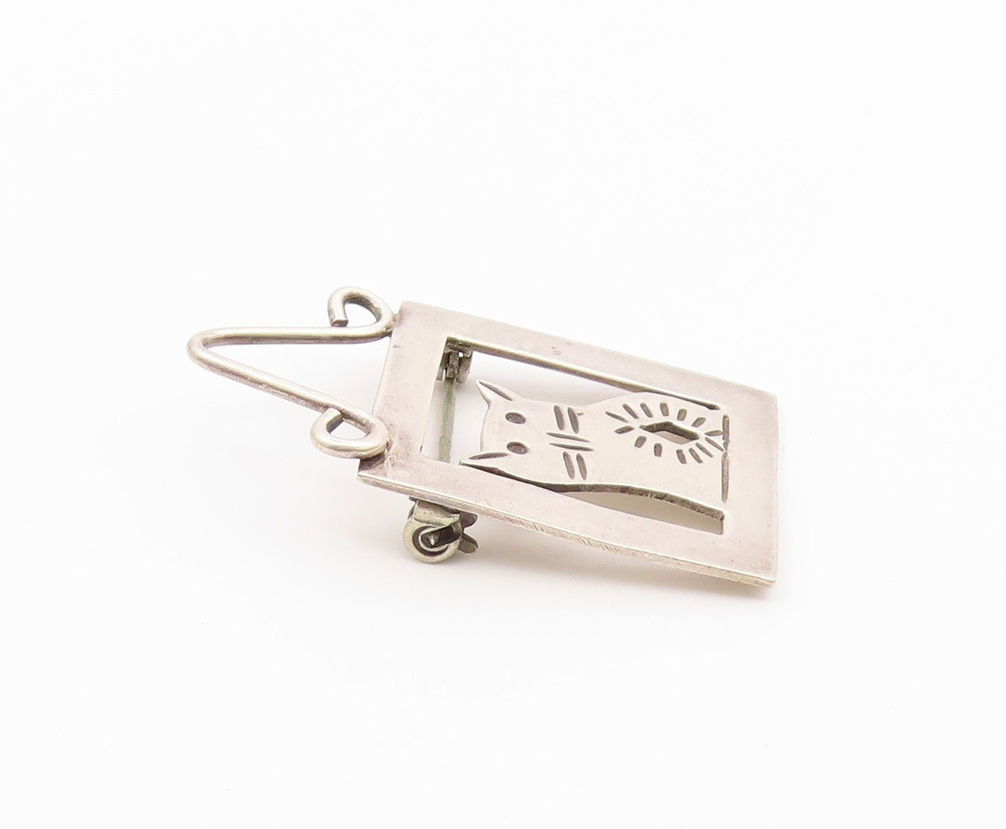 MEXICO 925 Sterling Silver  Vintage Framed Etched Cat Motif Brooch Pin  BP9460