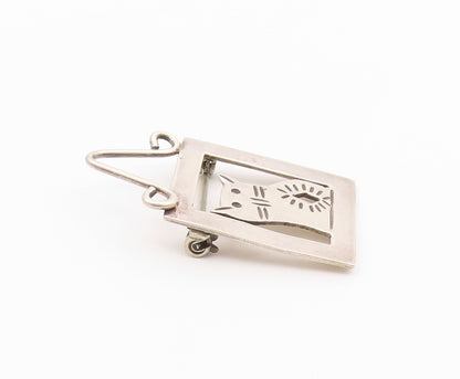 MEXICO 925 Sterling Silver  Vintage Framed Etched Cat Motif Brooch Pin  BP9460