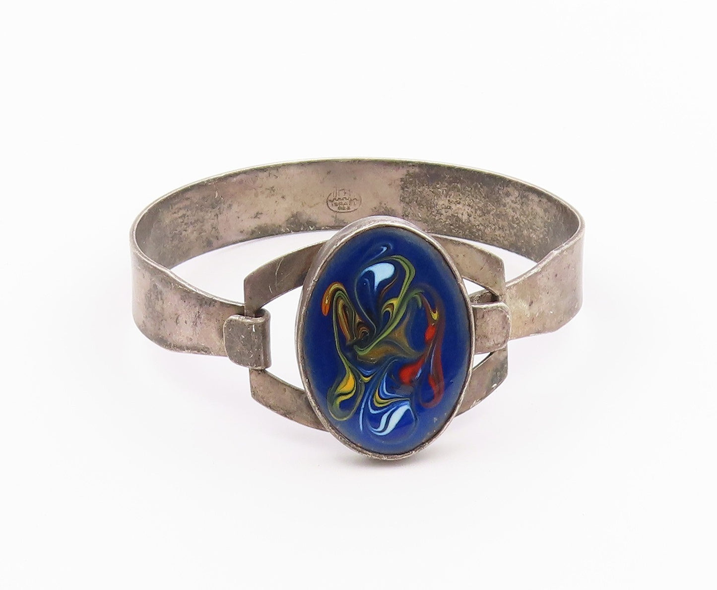 ISRAEL 925 Sterling Silver  Vintage Enamel Art Hook Bangle Bracelet  BT9307