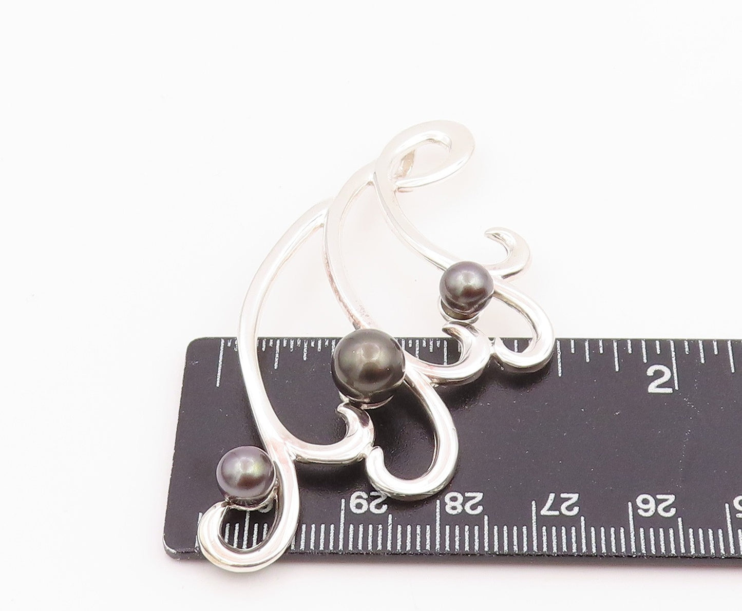 925 Sterling Silver Vintage Pendant Round Pearl Modernist Swirly Waves  PT26039