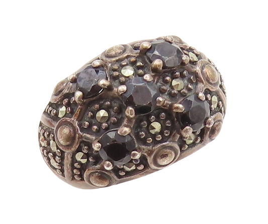 925 Sterling Silver Vintage Ring Dark Tone Spinel & Marcasite  Sz 7  RG31571
