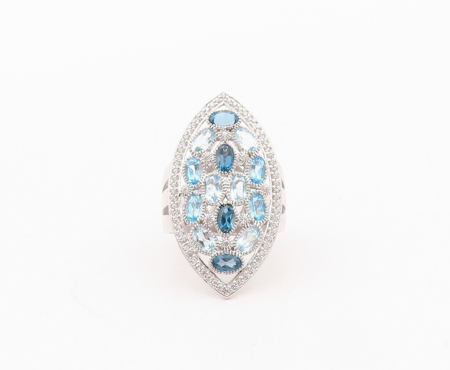 925 Sterling Silver Vintage Ring Oval Cut Blue Topaz Marquise Inlay Sz 7 RG29938