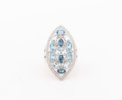 925 Sterling Silver Vintage Ring Oval Cut Blue Topaz Marquise Inlay Sz 7 RG29938