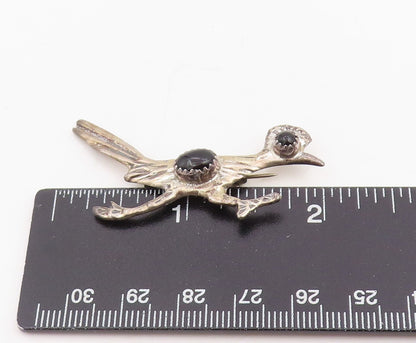 925 Sterling Silver Vintage Brooch Pin NAVAJO Cabochon Onyx Roadrunner  BP12292