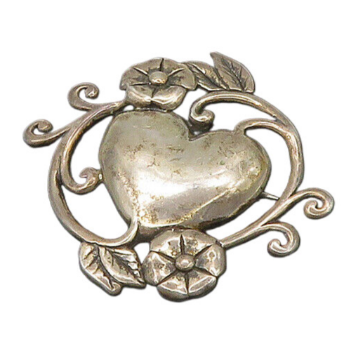 JEZLAINE 925 Sterling Silver  Vintage Floral Vine Love Heart Brooch Pin BP8568