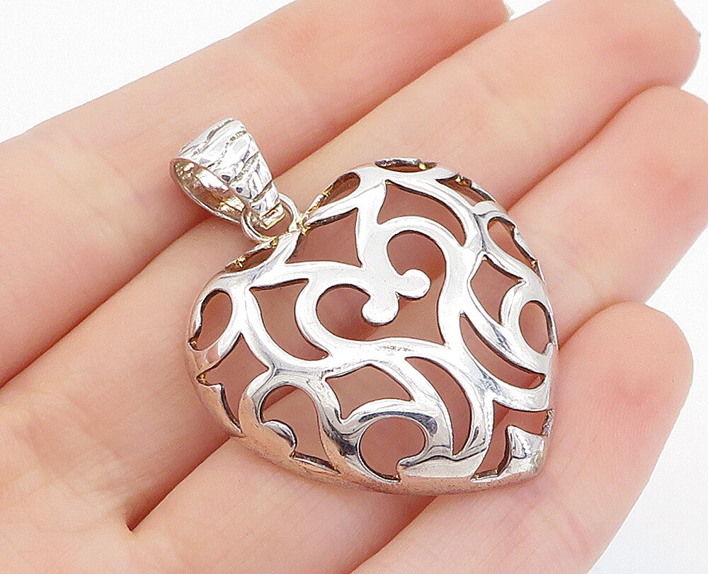 925 Sterling Silver  Shiny Cut Out Swirl Love Heart Dome Pendant  PT5353