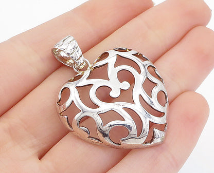 925 Sterling Silver  Shiny Cut Out Swirl Love Heart Dome Pendant  PT5353