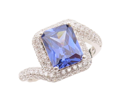 925 Sterling Silver Vintage Ring Designer Rectangle Sapphire & CZ Sz 7 RG29222